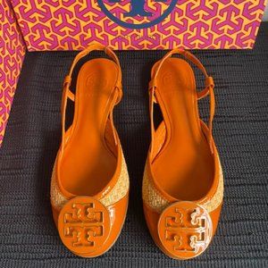 Authentic TORY BURCH Orange patent leather RANDY SLINGBACK flats NWB size 5.5